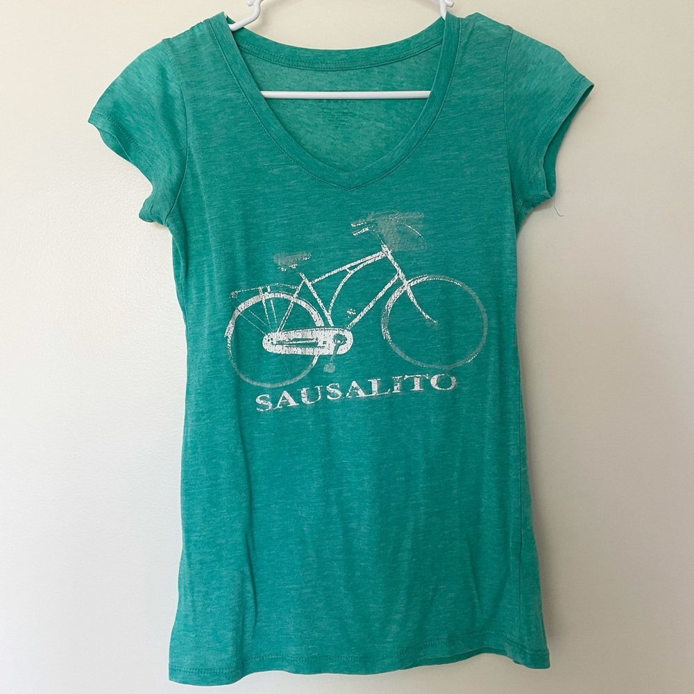 Small Active Basic Green Tee White Bike Sausalito
